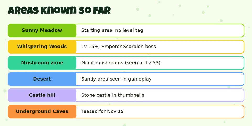 Areas known so far: Sunny Meadow Starting area, no level tag; Whispering Woods Lv 15+; Emperor Scorpion boss; Mushroom zone Giant mushrooms (seen at Lv 53); Desert Sandy area seen in gameplay; Castle hill Stone castle in thumbnails; Underground Caves Teased fo