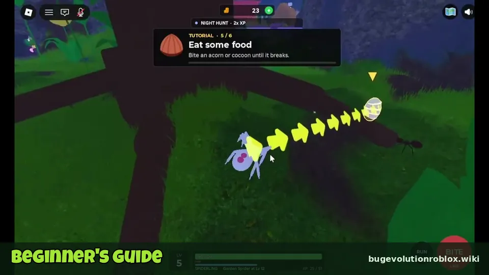 Tutorial step 5 of 6 Eat some food telling a Spiderling to bite an acorn or cocoon