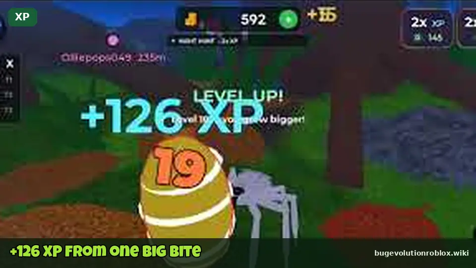 A +126 XP popup after a big bite in Bug Evolution gameplay