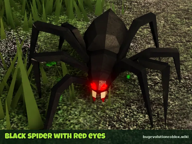 Black low-poly spider with glowing red eyes on a forest path, from the official Bug Evolution thumbnail