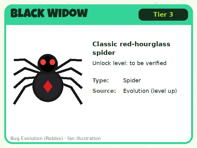 Black Widow bug card for Bug Evolution Roblox: Tier 3, classic red-hourglass spider, unlock level: to be verified