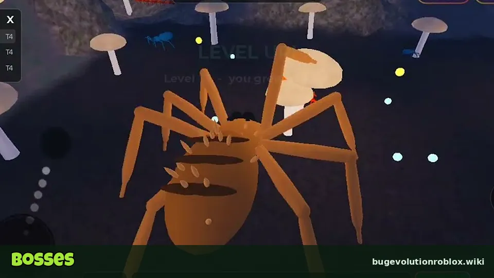 A brown Wolf Spider at level 53 in a dark mushroom cave during Night Hunt