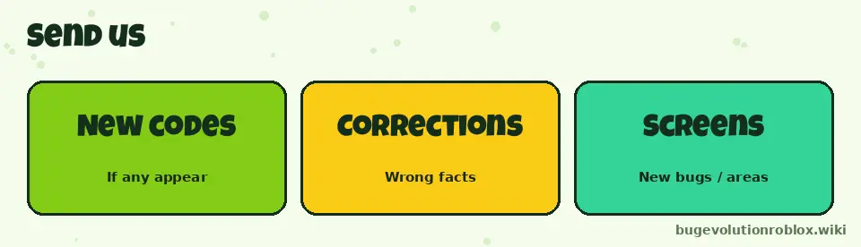 What to send Bug Evolution Wiki: new codes, corrections, screenshots of new bugs or areas