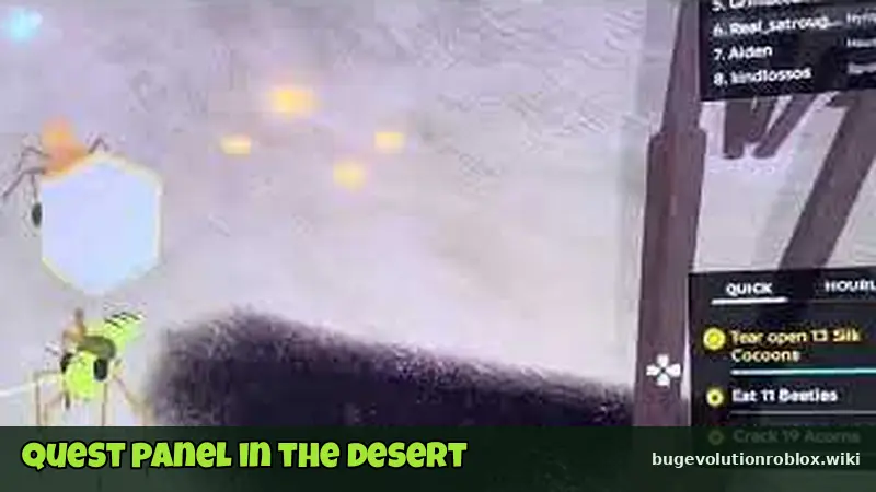 Quest panel shown while playing in the bright desert area of Bug Evolution