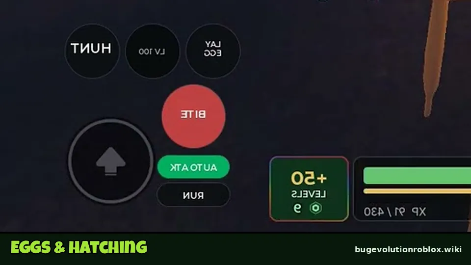 Ability buttons Lay Egg, LV 100, Hunt, Bite, Auto Atk and Run on the right side of the screen