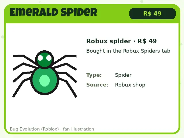 Emerald Spider Robux spider card for Bug Evolution, costs 49 Robux in the Robux Spiders tab