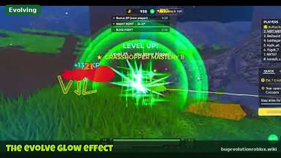 Bright green glow burst around a bug while evolving or levelling up in Bug Evolution