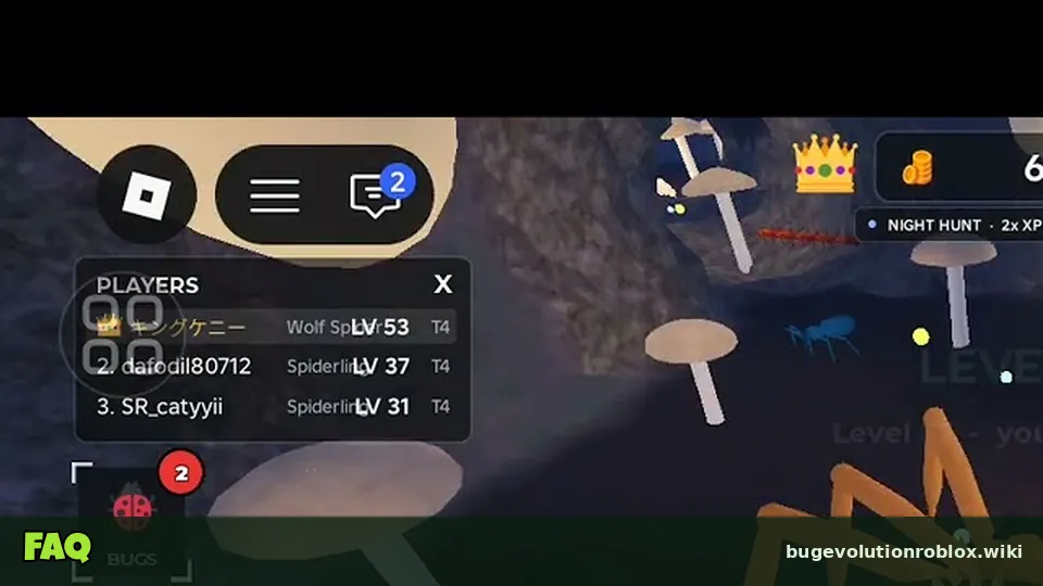 Players list and Bugs, Team and Title side buttons during a Night Hunt 2x XP period