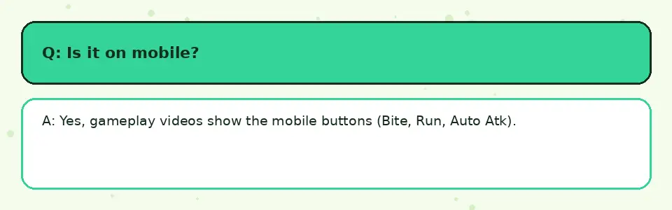 Bug Evolution FAQ card: Is it on mobile? Yes, gameplay videos show the mobile buttons (Bite, Run, Auto Atk).