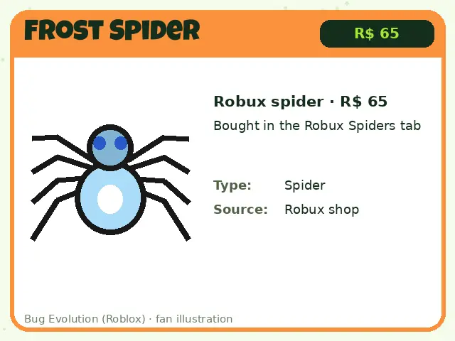 Frost Spider Robux spider card for Bug Evolution, costs 65 Robux in the Robux Spiders tab