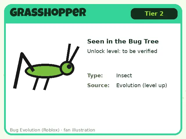 Grasshopper bug card for Bug Evolution Roblox: Tier 2, seen in the bug tree, unlock level: to be verified