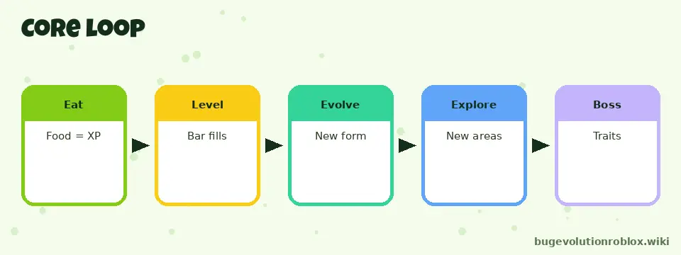 Bug Evolution core gameplay loop: eat, level, evolve, explore, fight bosses