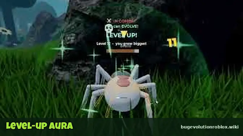 White spider glowing with a green level-up aura in Bug Evolution