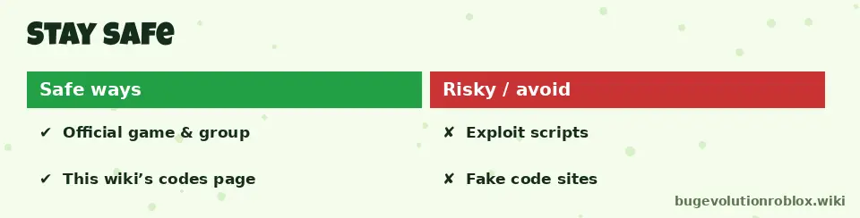 Bug Evolution safety checklist: use the official game and group, avoid exploit scripts and fake code sites