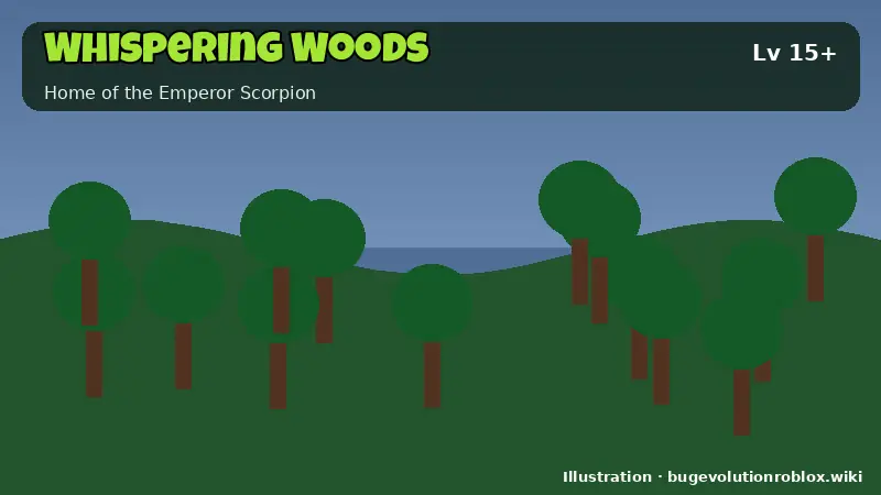 Whispering Woods area card for Bug Evolution: level 15 plus, home of the Emperor Scorpion