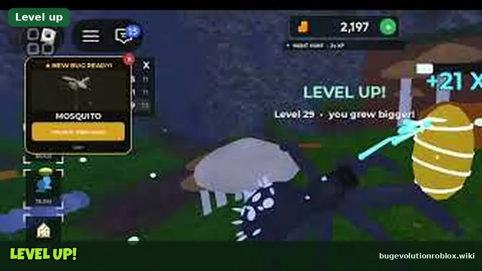 Level up popup in Bug Evolution while a spider eats a striped beetle