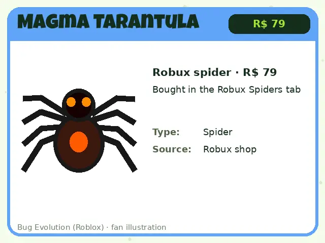Magma Tarantula Robux spider card for Bug Evolution, costs 79 Robux in the Robux Spiders tab