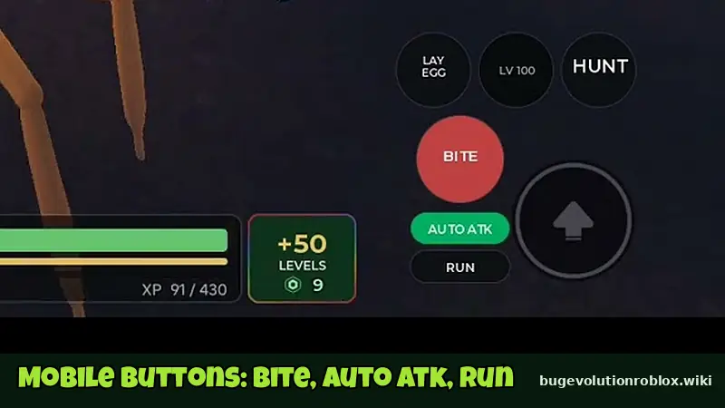 Close-up of Bug Evolution mobile HUD buttons including Bite, Auto Atk and Run