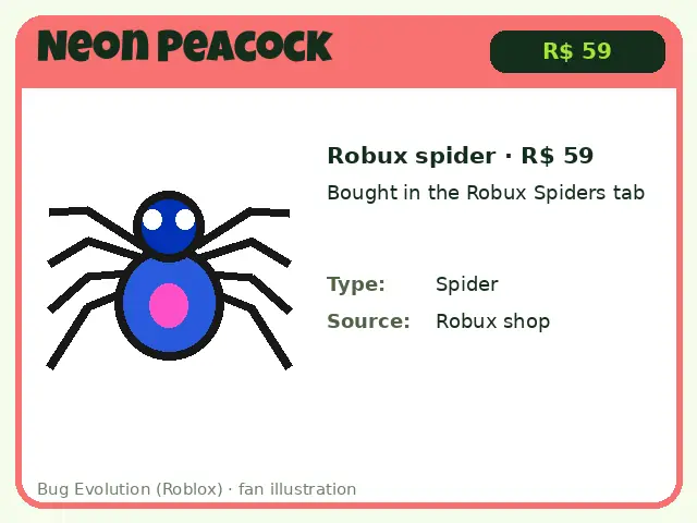 Neon Peacock Robux spider card for Bug Evolution, costs 59 Robux in the Robux Spiders tab