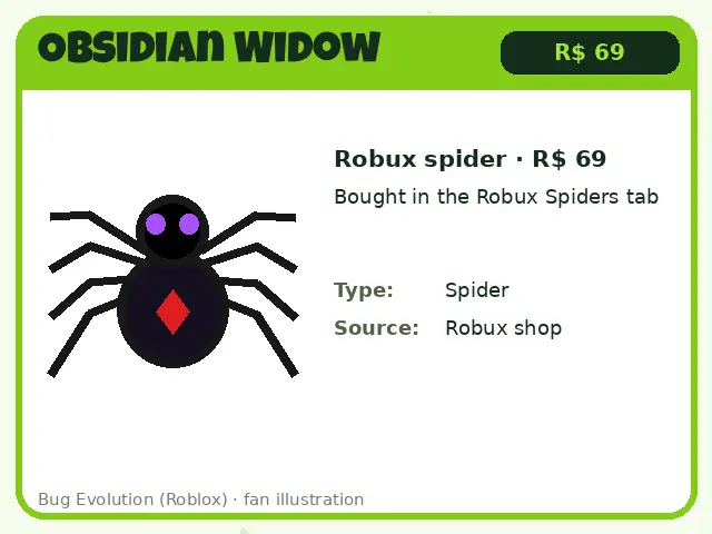 Obsidian Widow Robux spider card for Bug Evolution, costs 69 Robux in the Robux Spiders tab