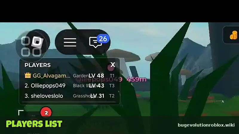 Bug Evolution players list in the top-left showing other players and their levels