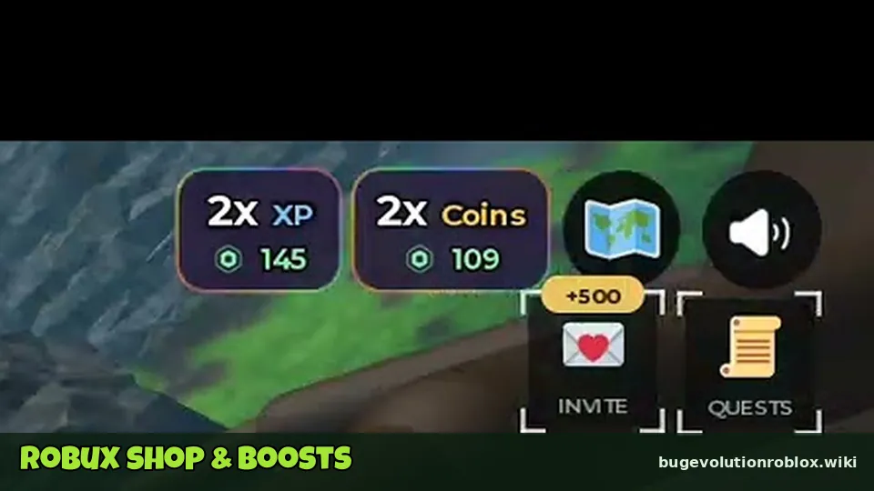 Top right HUD with 2x XP and 2x Coins buttons, map, invite +500 and quests buttons