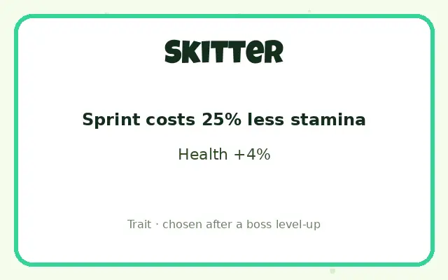 Skitter trait card in Bug Evolution: Sprint costs 25% less stamina, Health +4%