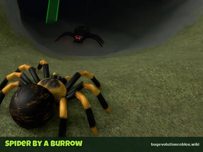 Yellow and black spider next to a dark burrow hole, from the official Bug Evolution thumbnail