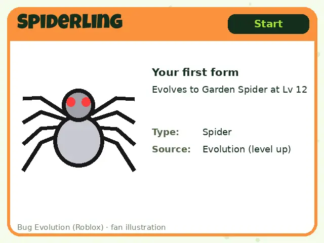 Spiderling bug card for Bug Evolution Roblox: Start, your first form, evolves to garden spider at lv 12