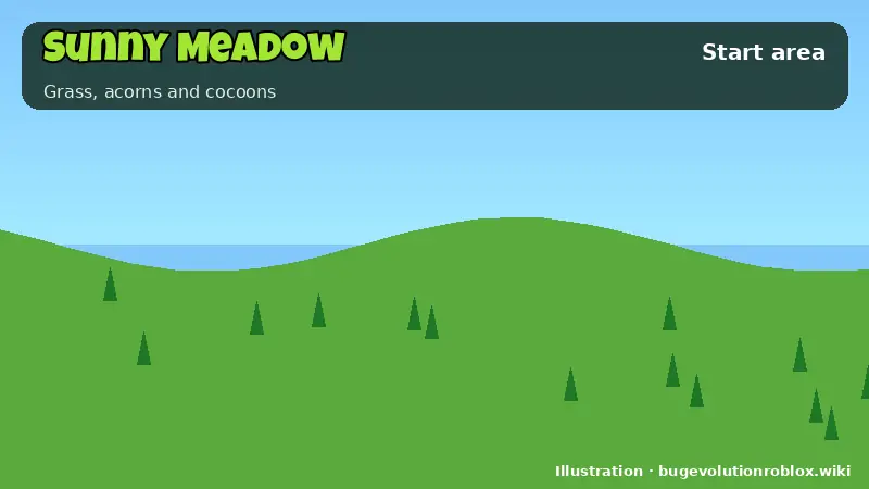 Sunny Meadow area illustration for Bug Evolution Roblox map: Start area, Grass, acorns and cocoons