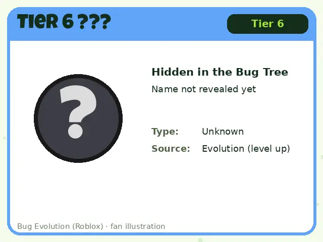 Tier 6 ??? bug card for Bug Evolution Roblox: Tier 6, hidden in the bug tree, name not revealed yet
