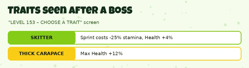 Traits seen after a boss: SKITTER Sprint costs -25% stamina, Health +4%; THICK CARAPACE Max Health +12%