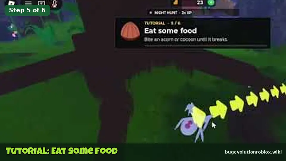Bug Evolution tutorial popup Eat some food with yellow arrows pointing to an acorn