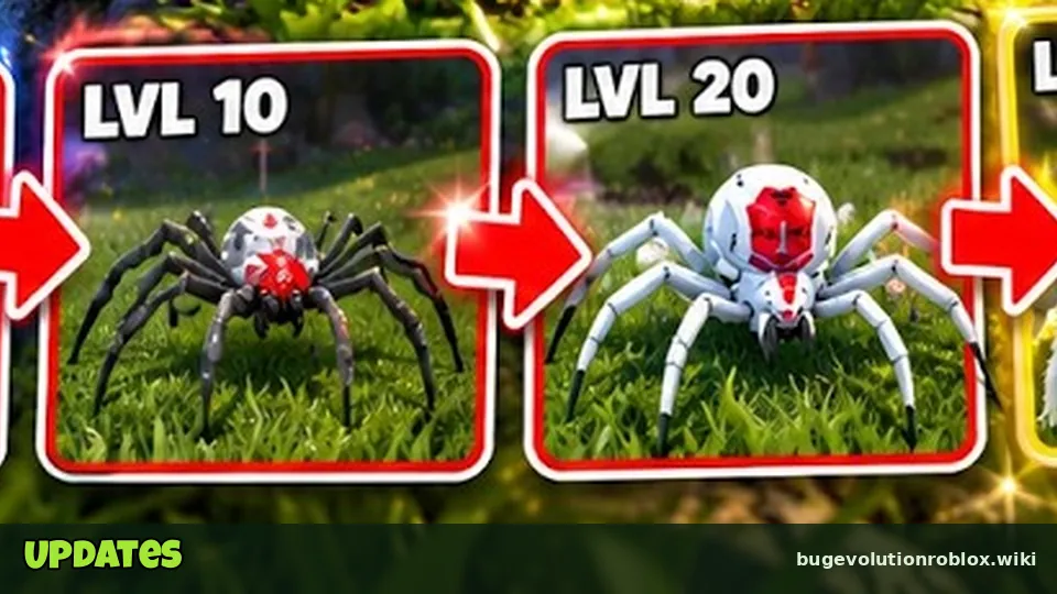 Evolution path images labelled LVL 1, LVL 10, LVL 20 and LVL 30 with a fly turning into spiders