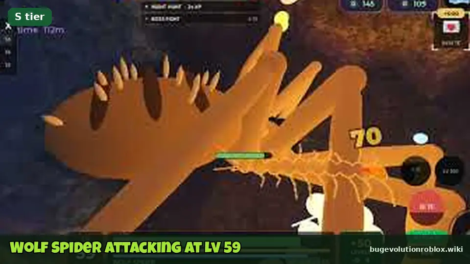Wolf Spider biting an enemy at level 59 in Bug Evolution