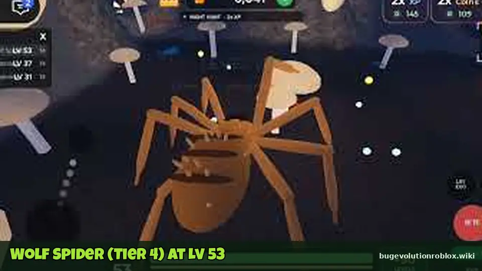 Brown Wolf Spider at level 53 among giant mushrooms in Bug Evolution gameplay